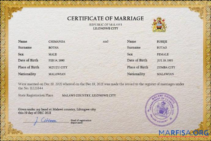 Printable Malawi marriage certificate PSD template